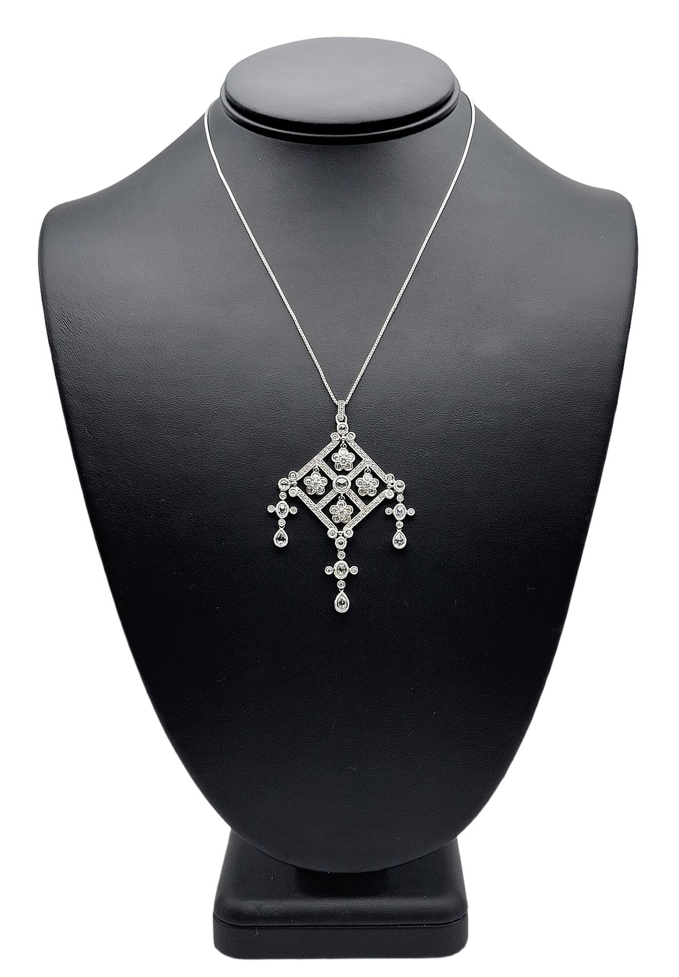 5.00 Carats Total Diamond Flower Detail Drop Chandelier Pendant in 14 Karat Gold For Sale 3
