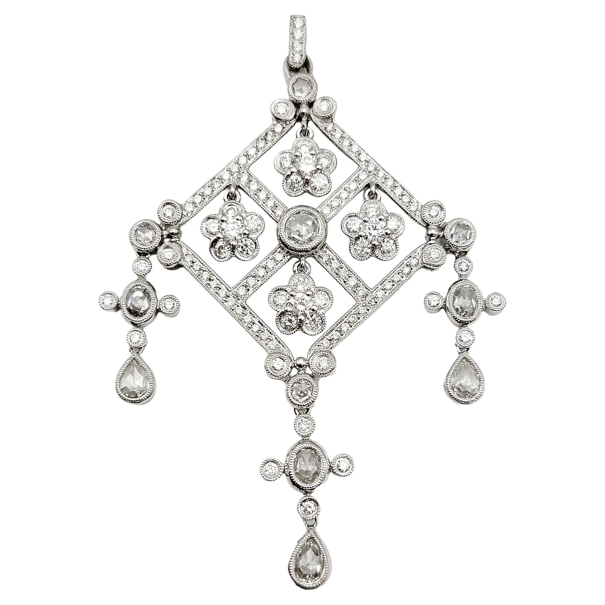 5.00 Carats Total Diamond Flower Detail Drop Chandelier Pendant in 14 Karat Gold For Sale