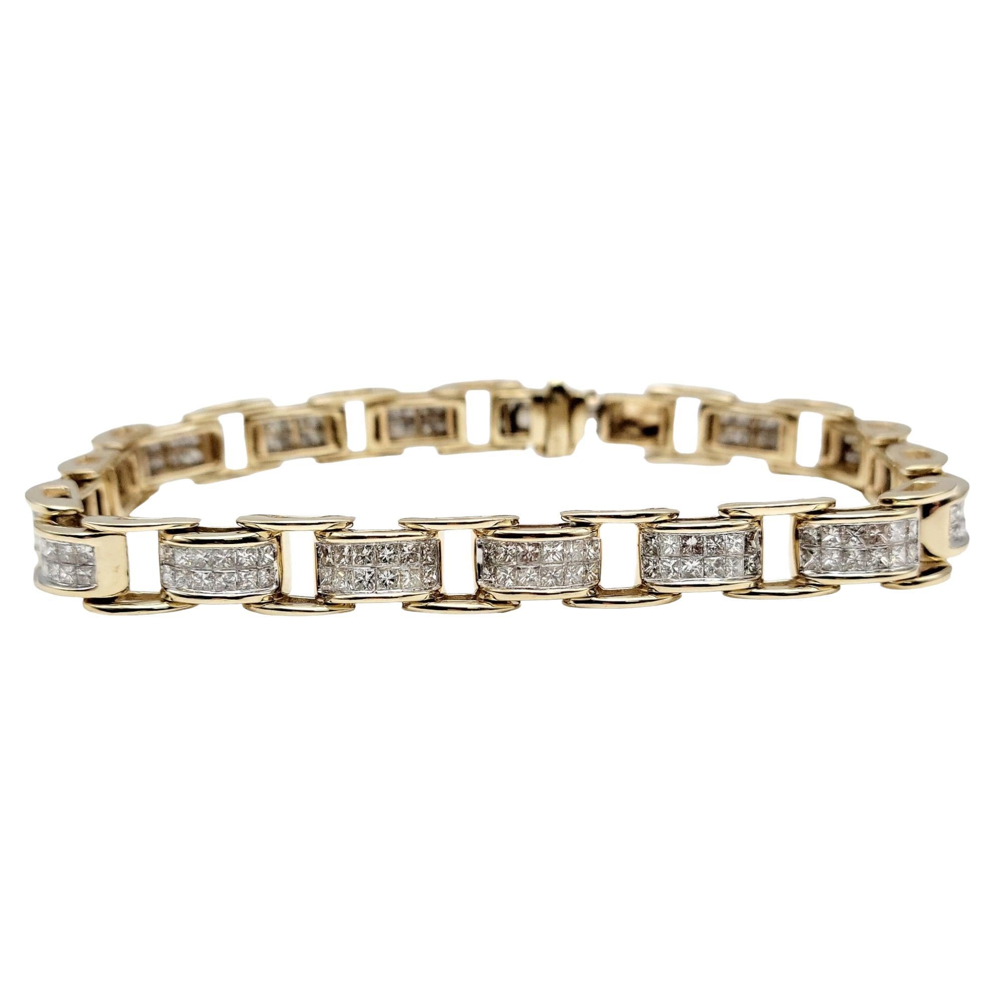 Striking unisex bike chain bracelet is filled from end to end with 5.00 carats of bright icy white natural diamonds. The flexible links hug the wrist for a comfortable and secure fit, while the gentle movement allows for massive sparkle from all