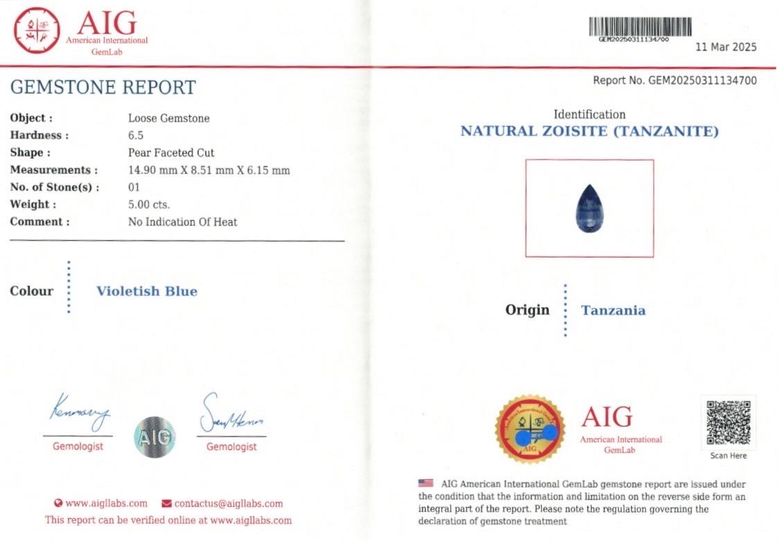 TZA116
5.00 Ct Natural Zoisite Unheated Tanzanite Violentish Blue Eye Clean Gemstone AIG Certificate

GEM DESCRIPTION
Species:   Natural Tanzanite 
Variety: Natural Zoisite 
Weight:  5.00ct
Color:  Violentish Blue
Cut:  Excellent 
Clarity:   Eye