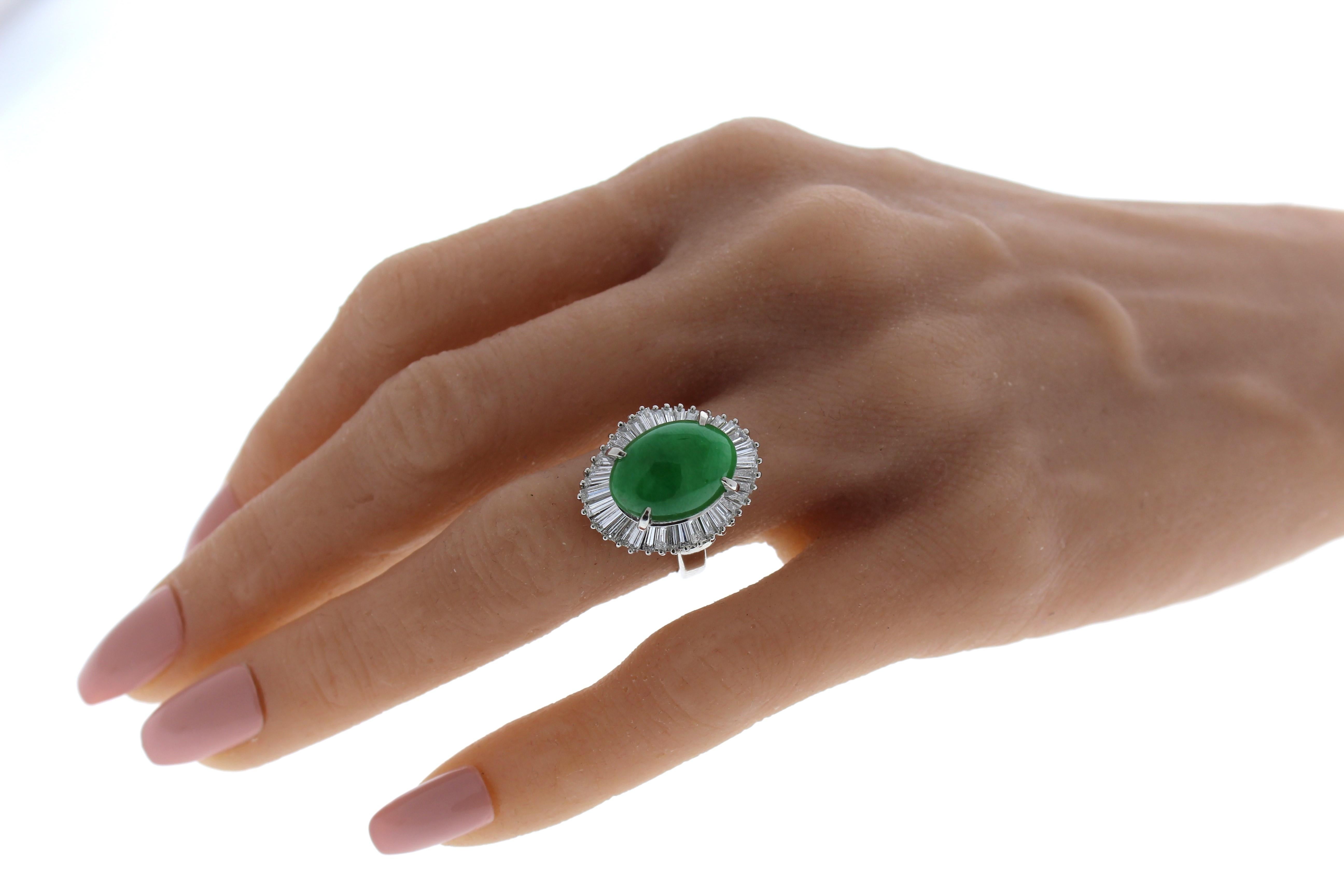Baguette Cut 5.00ct Total Weight Green Cabochon & Baguette Diamond Fashion Ring in Platinum For Sale