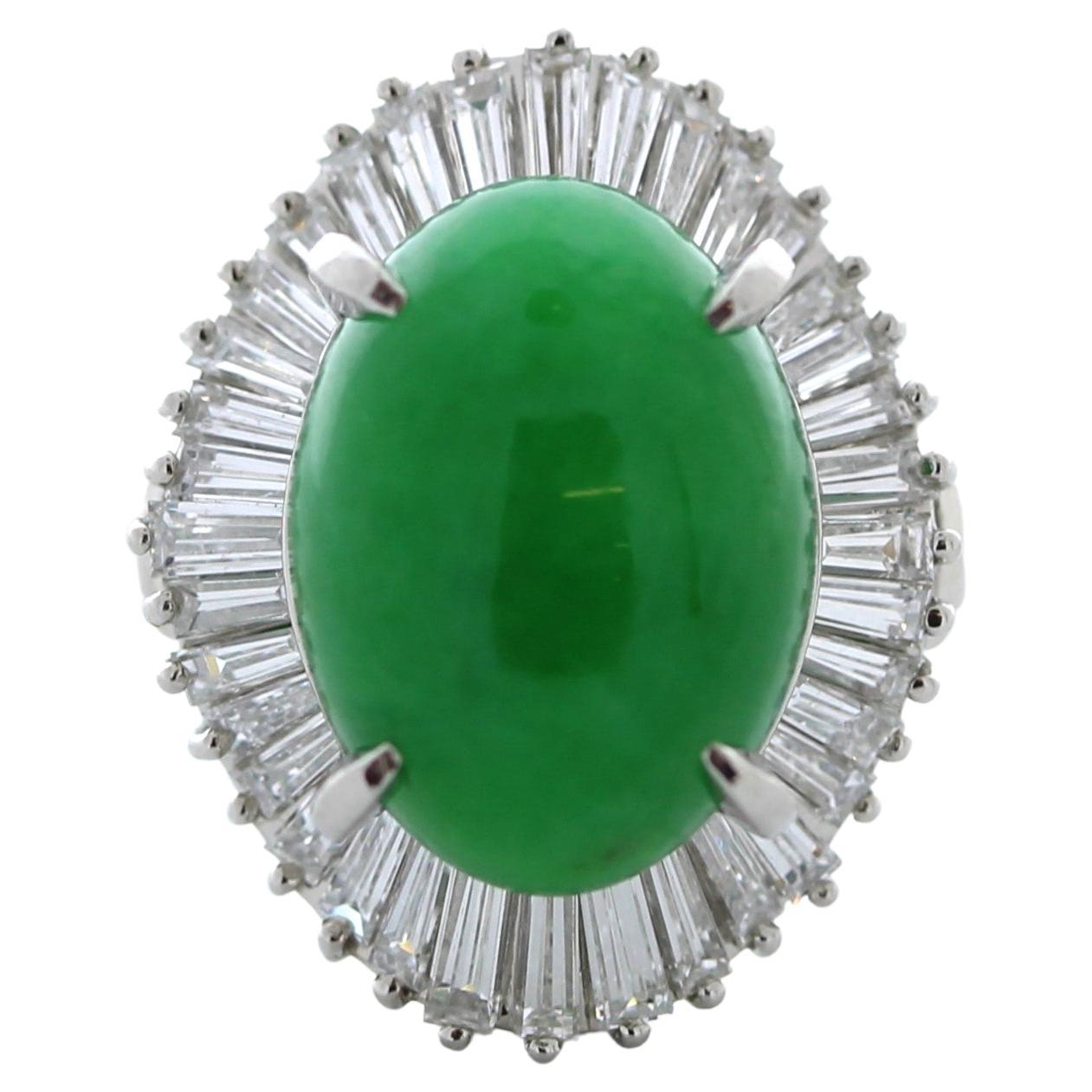 5.00ct Total Weight Green Cabochon & Baguette Diamond Fashion Ring in Platinum For Sale