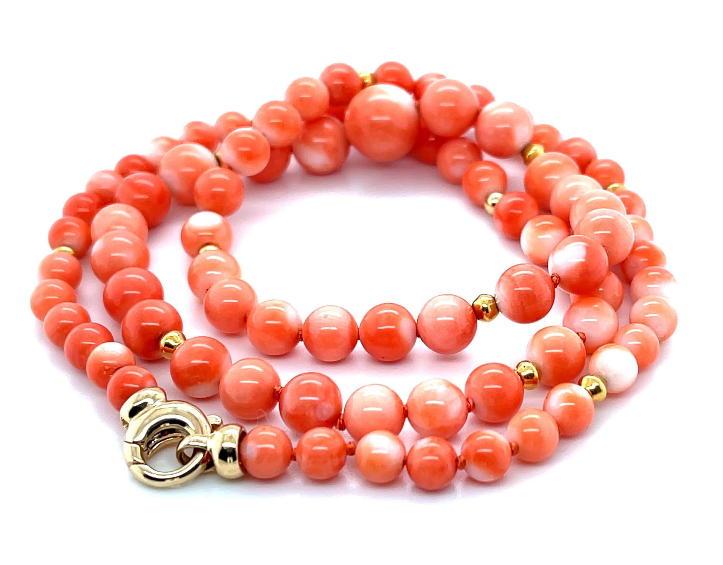 Artisan Coral Beaded Necklace, 5.00 - 10.00mm Graduated with Yellow Gold Accents