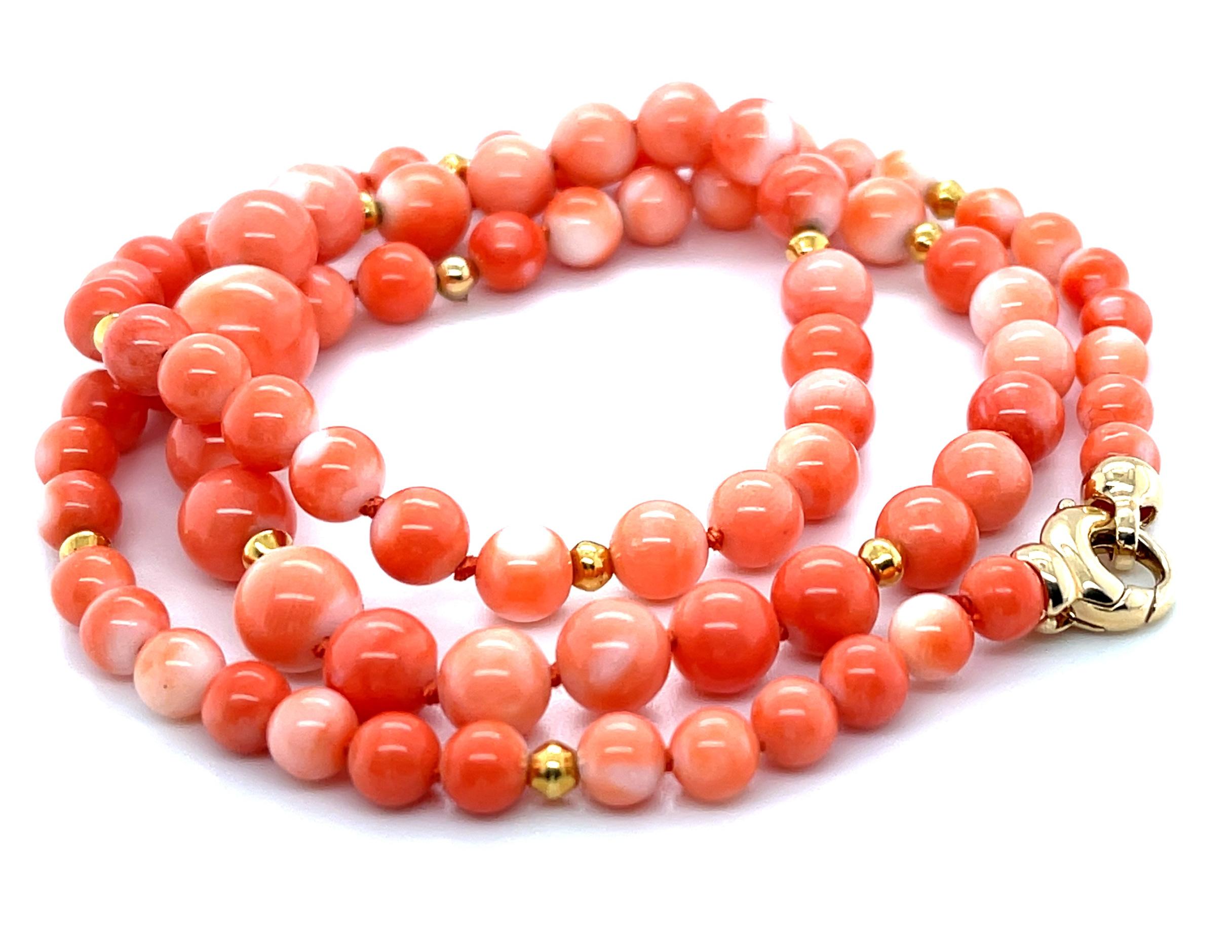Round Cut Coral Beaded Necklace, 5.00 - 10.00mm Graduated with Yellow Gold Accents