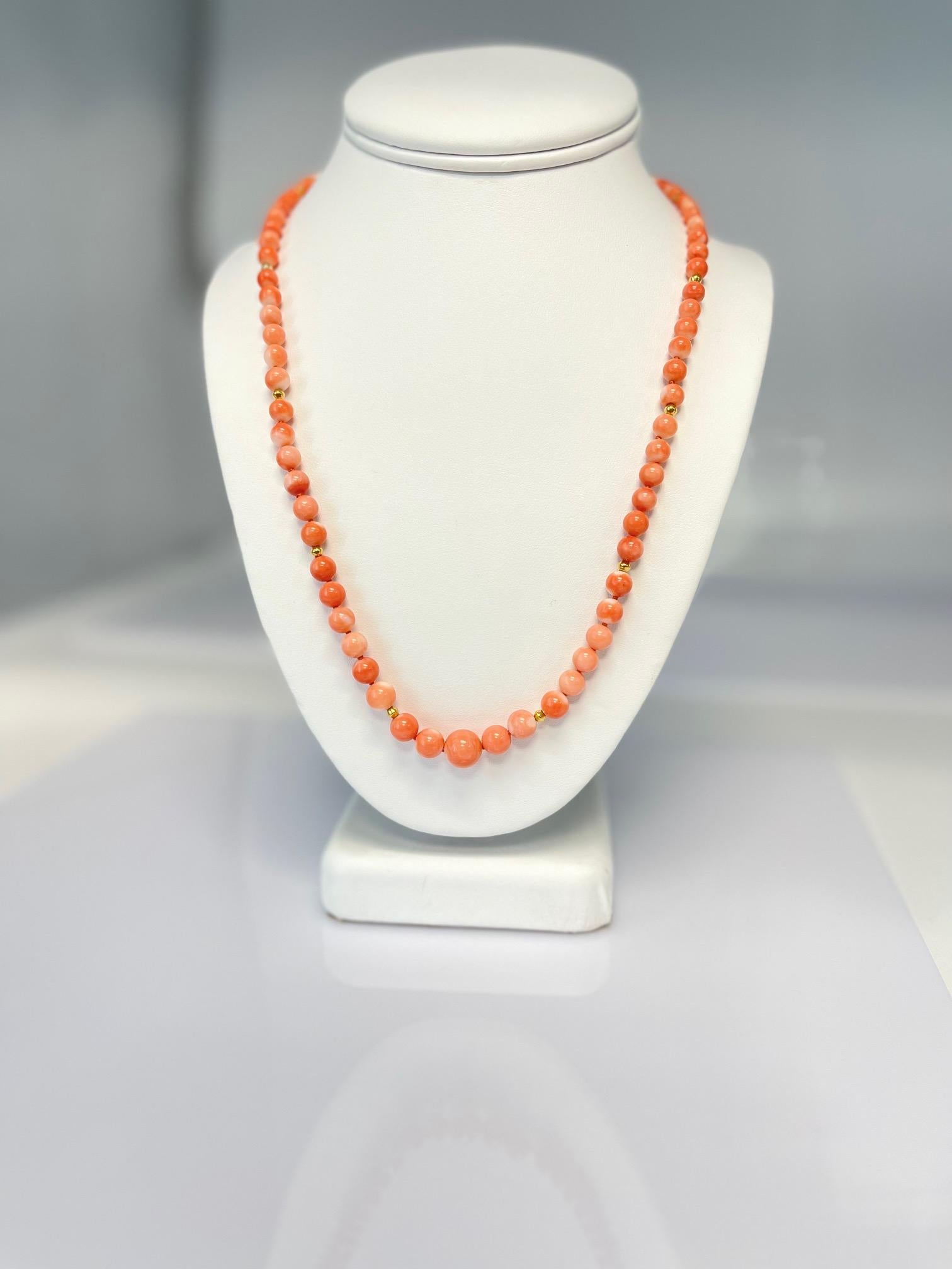 Women's or Men's Coral Beaded Necklace, 5.00 - 10.00mm Graduated with Yellow Gold Accents