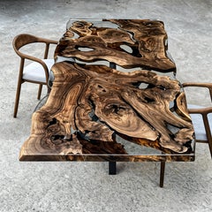 500-Year-Old Live Edge Walnut & Clear Epoxy Custom Made Epoxy Resin Wooden Table