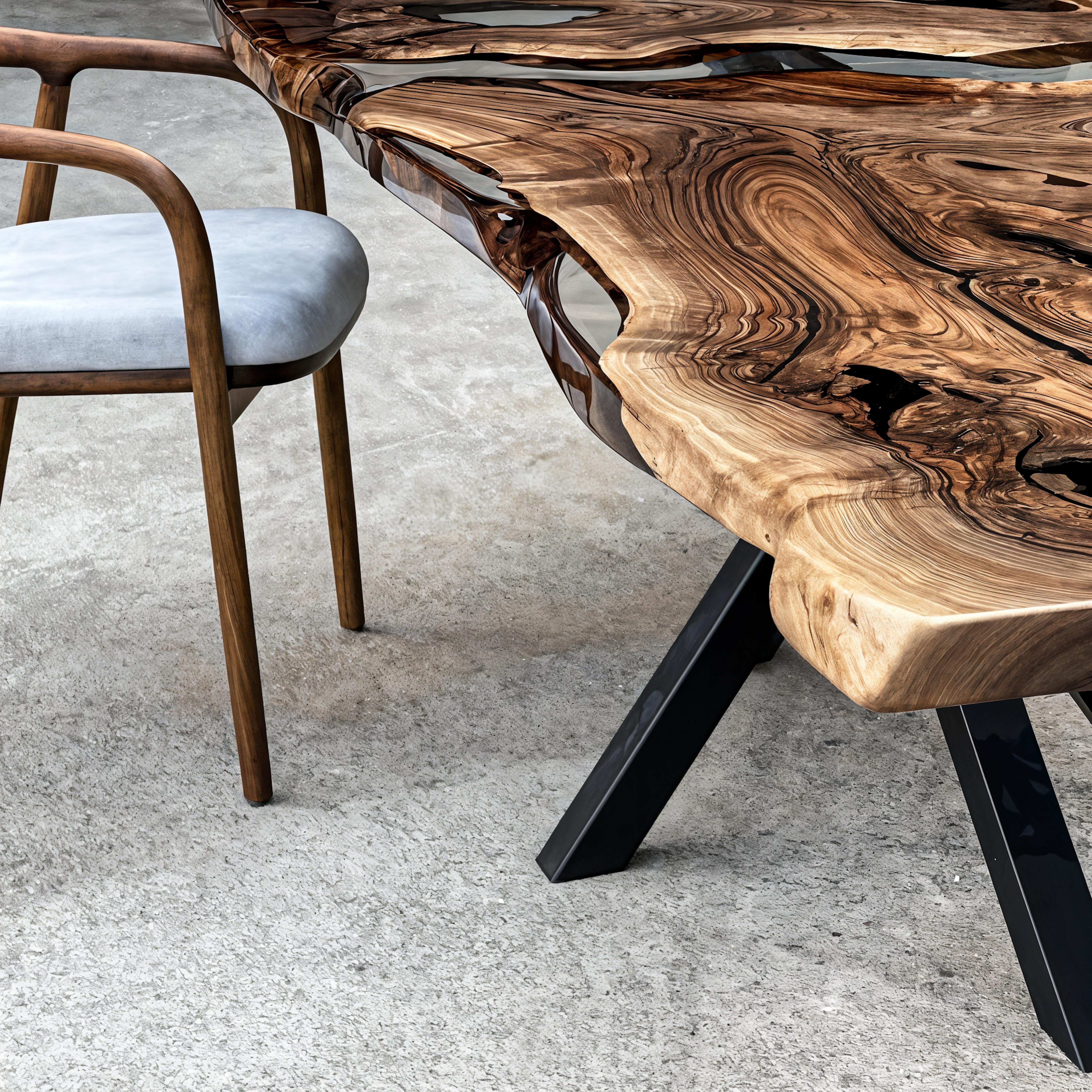 Arts and Crafts 500-Year-Old Live Edge Walnut & Clear Epoxy Custom Made Epoxy Resin Wooden Table For Sale