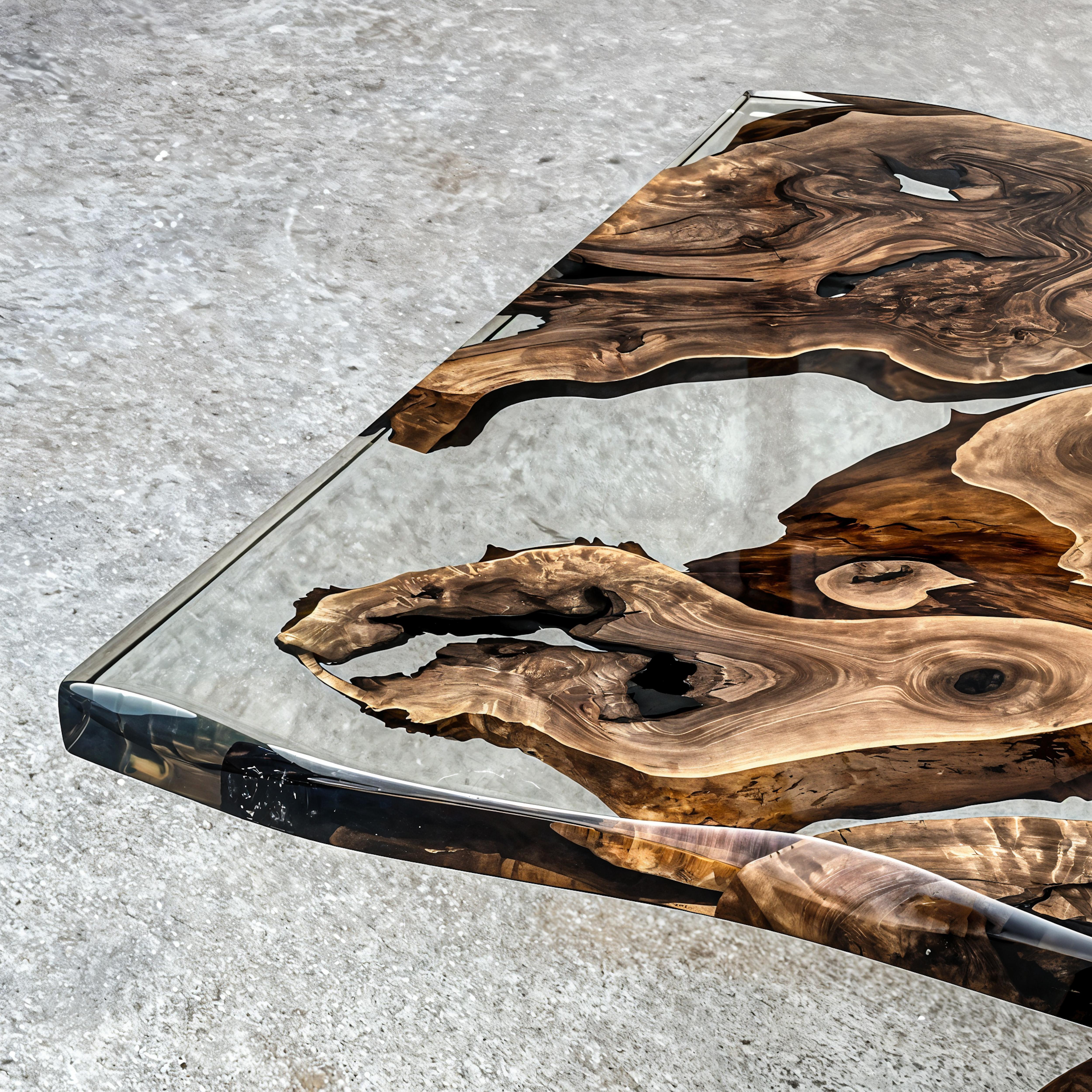 Turkish 500-Year-Old Live Edge Walnut & Clear Epoxy Custom Made Epoxy Resin Wooden Table For Sale