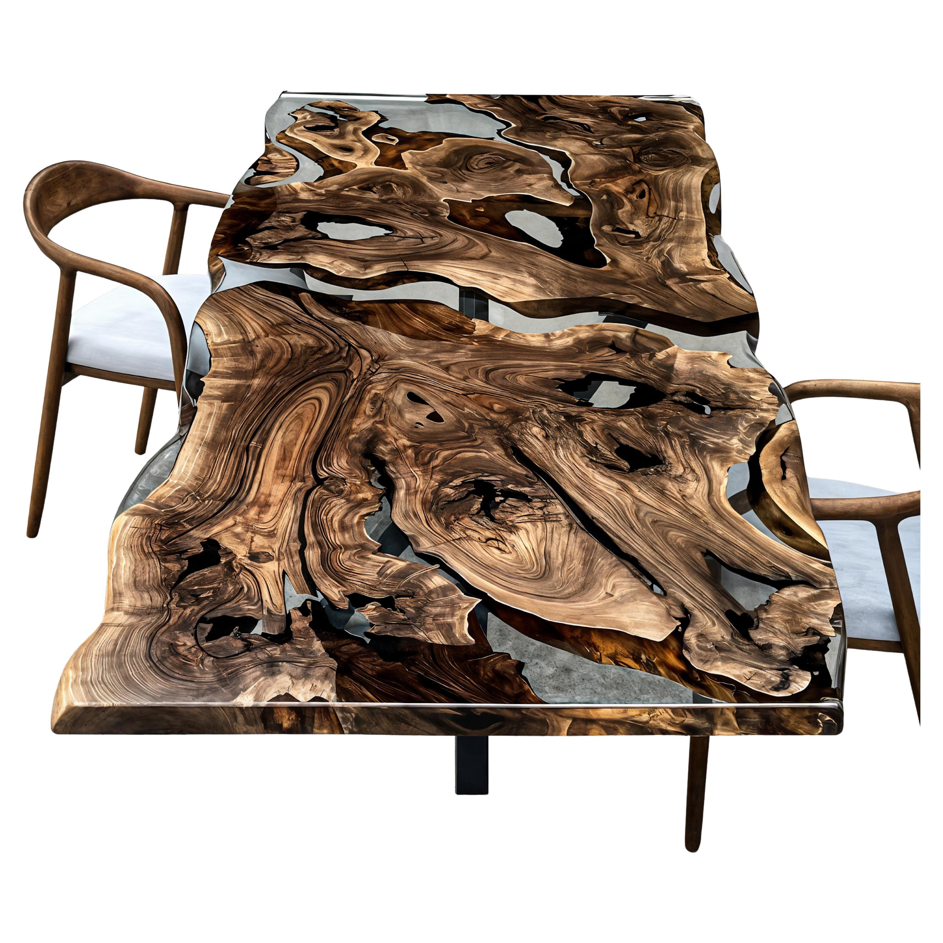 500-Year-Old Live Edge Walnut & Clear Epoxy Custom Made Epoxy Resin Wooden Table