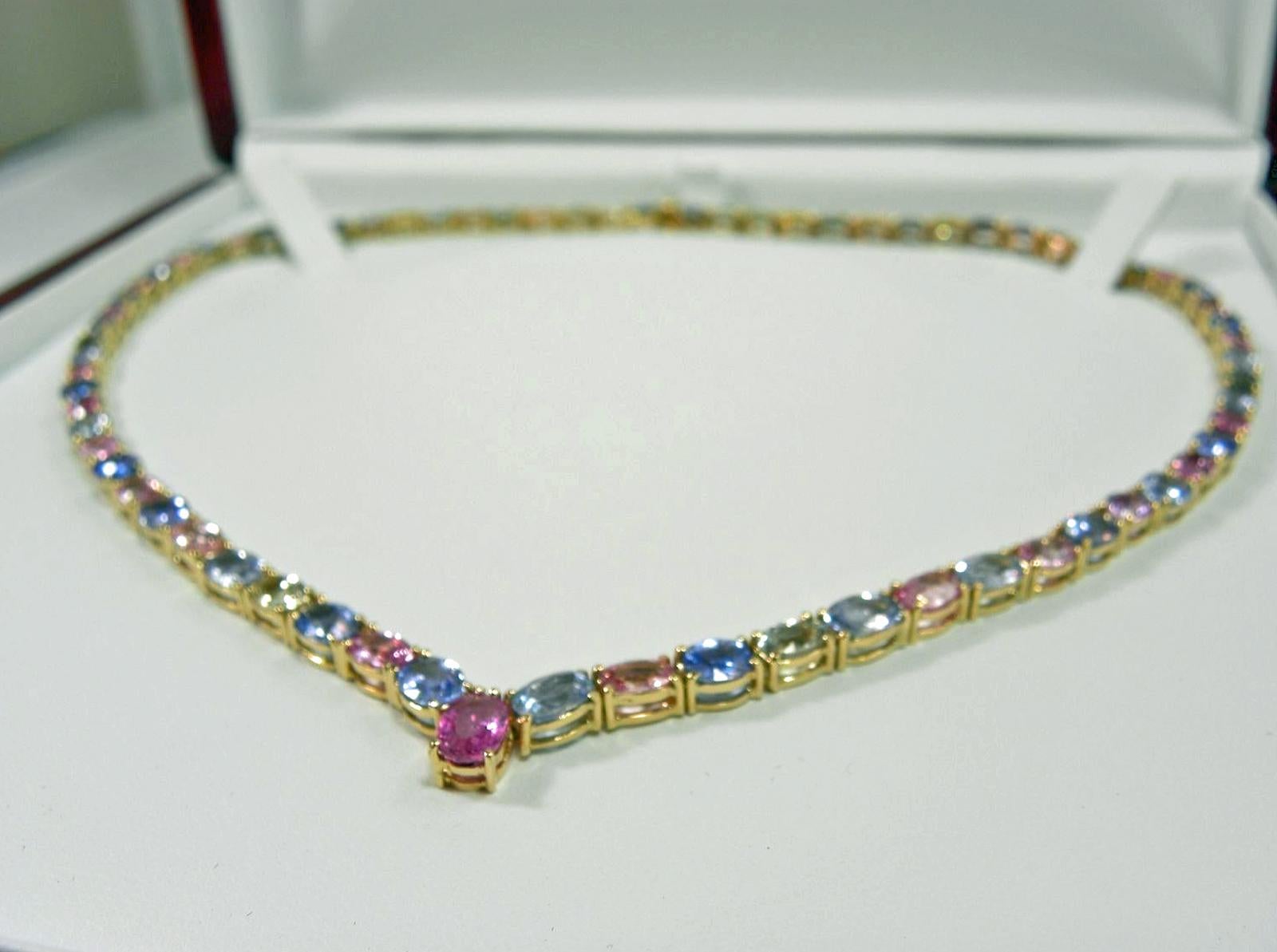 Women's  50.00 Carat Burma Unheated Multicolor Sapphires Necklace Yellow Gold 18K  For Sale