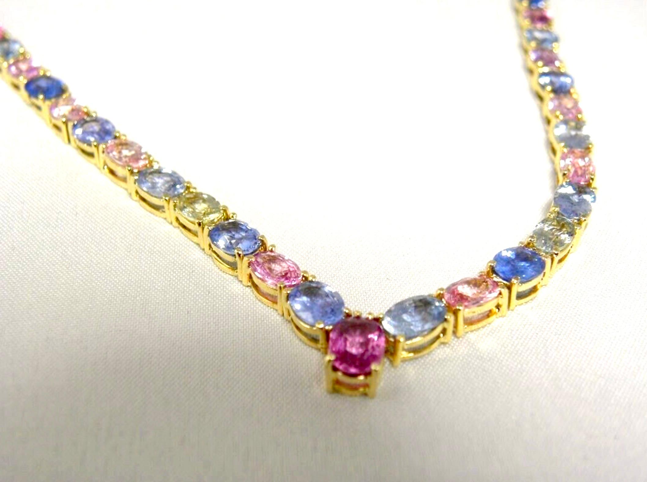Oval Cut  50.00 Carat Burma Unheated Multicolor Sapphires Necklace Yellow Gold 18K  For Sale