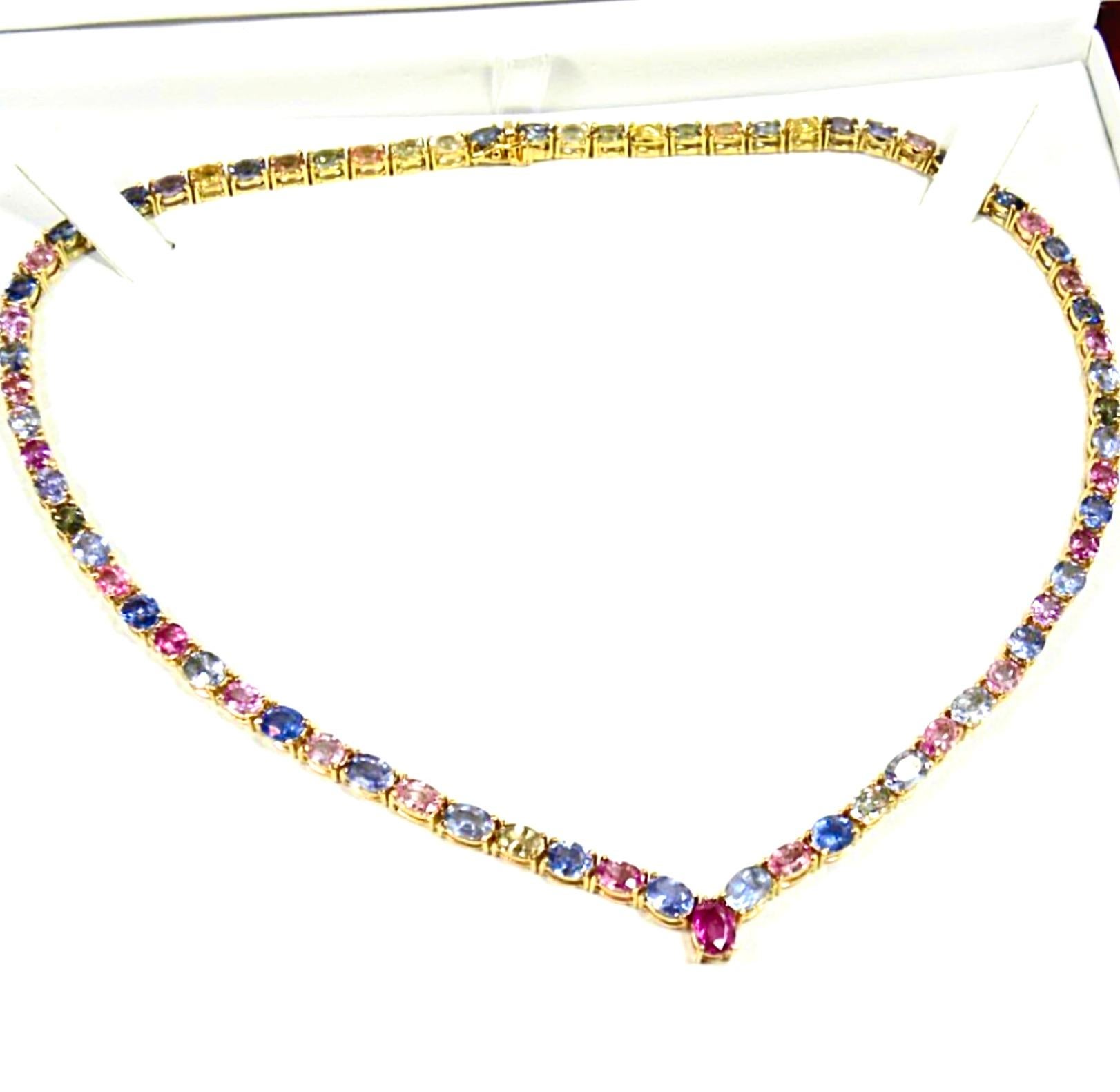  50.00 Carat Burma Unheated Multicolor Sapphires Necklace Yellow Gold 18K  For Sale 1