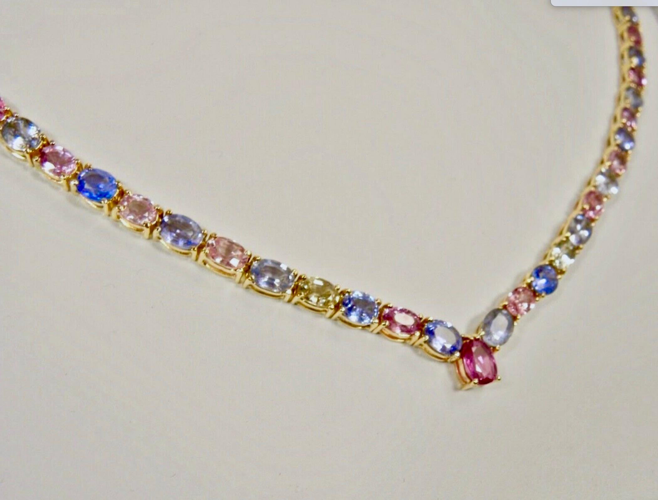50.00 Carat Burma Unheated Multicolor Sapphires Necklace Yellow Gold 18K For Sale 3