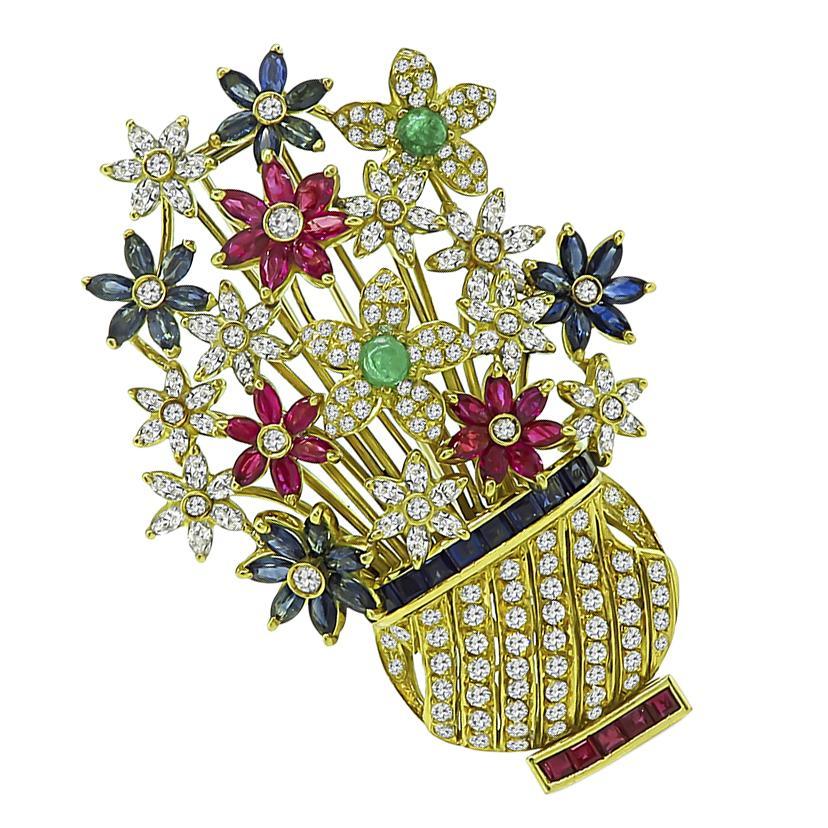 Taille ronde 5.00ct Diamond 2.00ct Ruby 1.75ct Sapphire Emerald Flower Pin en vente