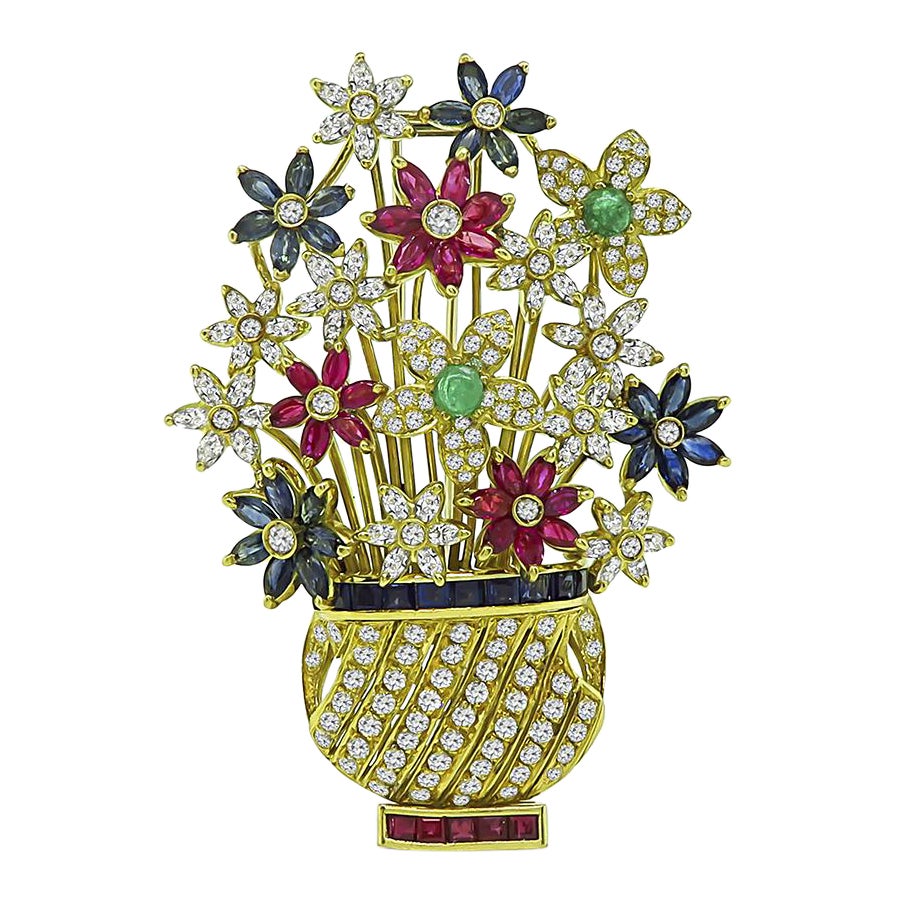 5.00ct Diamond 2.00ct Ruby 1.75ct Sapphire Emerald Flower Pin For Sale