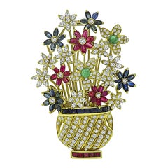 Vintage 5.00ct Diamond 2.00ct Ruby 1.75ct Sapphire Emerald Flower Pin