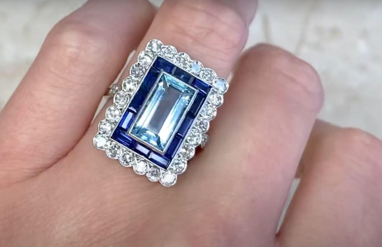 5.00ct Emerald Cut Aquamarine Cocktail Ring, Sapphire & Diamond Halo, Platinum 5