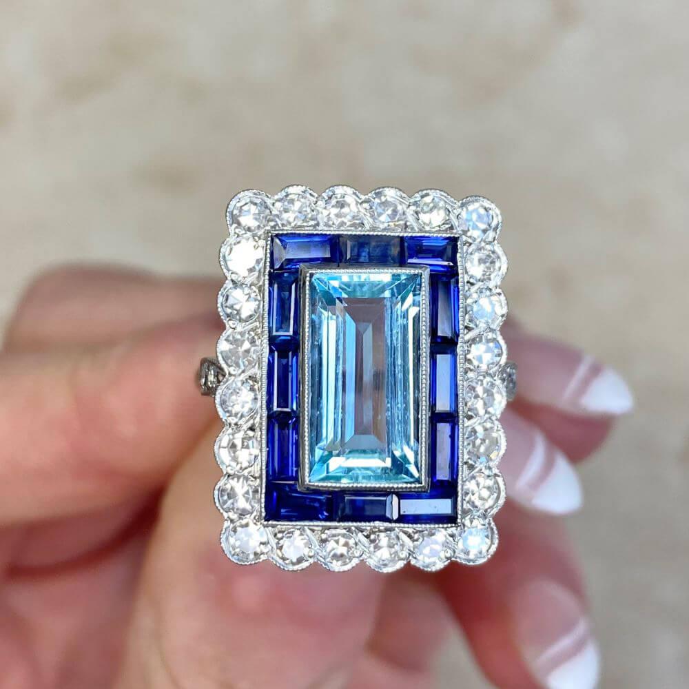 5.00ct Emerald Cut Aquamarine Cocktail Ring, Sapphire & Diamond Halo, Platinum 7