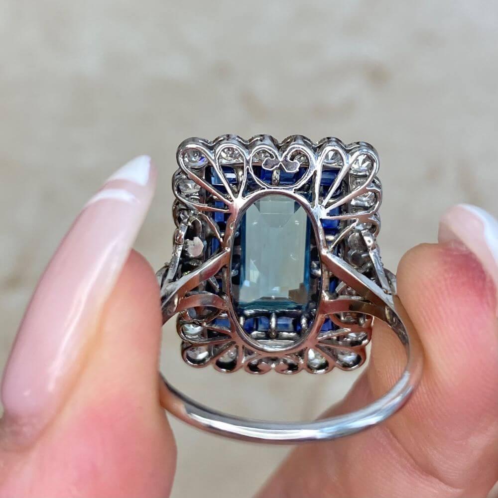 5.00ct Emerald Cut Aquamarine Cocktail Ring, Sapphire & Diamond Halo, Platinum 8