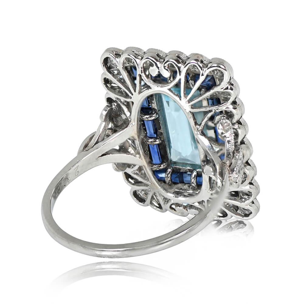 Art Deco 5.00ct Emerald Cut Aquamarine Cocktail Ring, Sapphire & Diamond Halo, Platinum