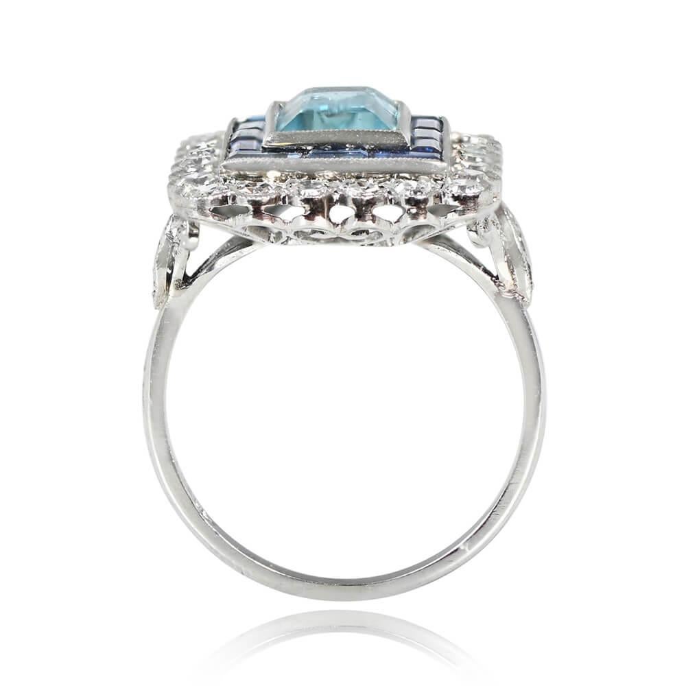 5.00ct Emerald Cut Aquamarine Cocktail Ring, Sapphire & Diamond Halo, Platinum In Excellent Condition In New York, NY