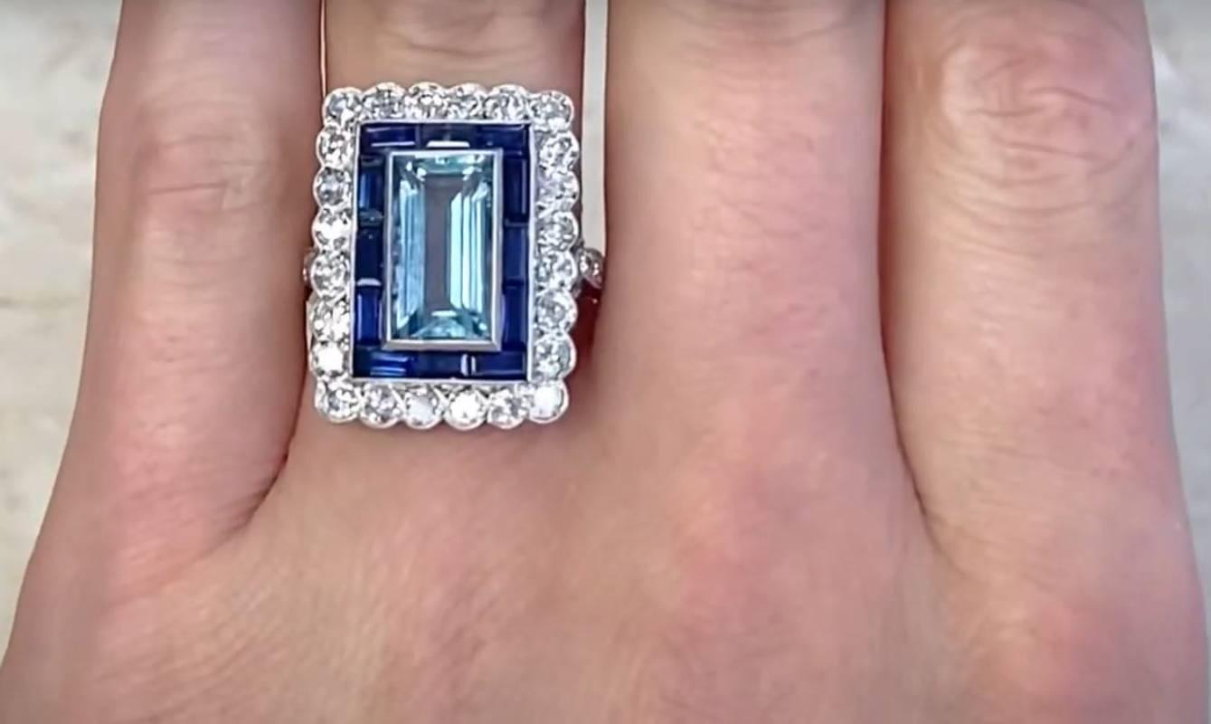 5.00ct Emerald Cut Aquamarine Cocktail Ring, Sapphire & Diamond Halo, Platinum 1