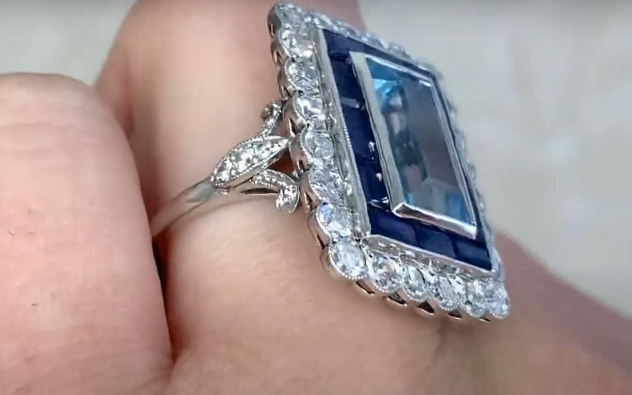 5.00ct Emerald Cut Aquamarine Cocktail Ring, Sapphire & Diamond Halo, Platinum 2