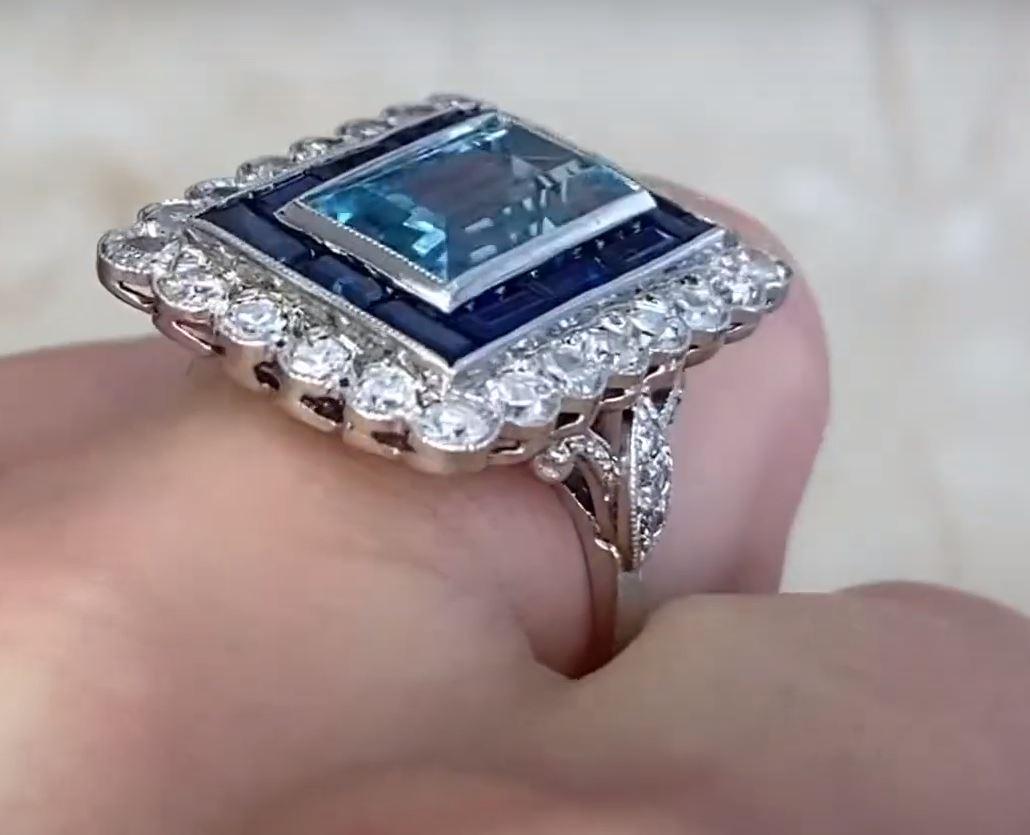 5.00ct Emerald Cut Aquamarine Cocktail Ring, Sapphire & Diamond Halo, Platinum 3