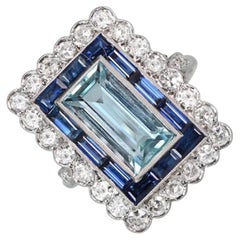 5.00ct Emerald Cut Aquamarine Cocktail Ring, Sapphire & Diamond Halo, Platinum