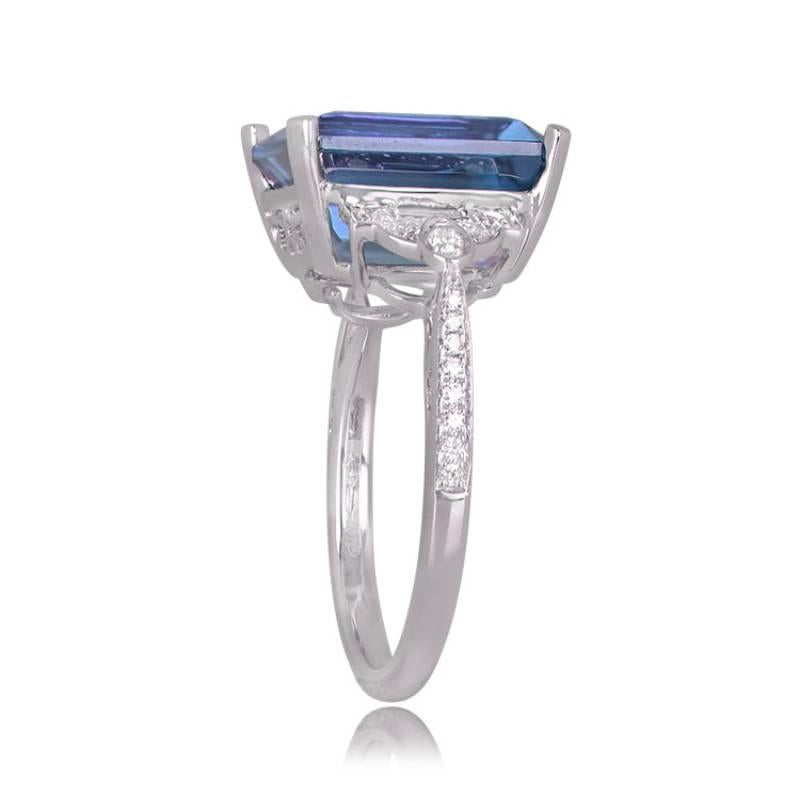 Art Deco 5.00ct Emerald Cut Blue Topaz Cocktail Ring, 18k White Gold For Sale