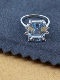 5.00ct Emerald Cut Natural Aquamarine, Diamond, 18K White Gold Cocktail Ring