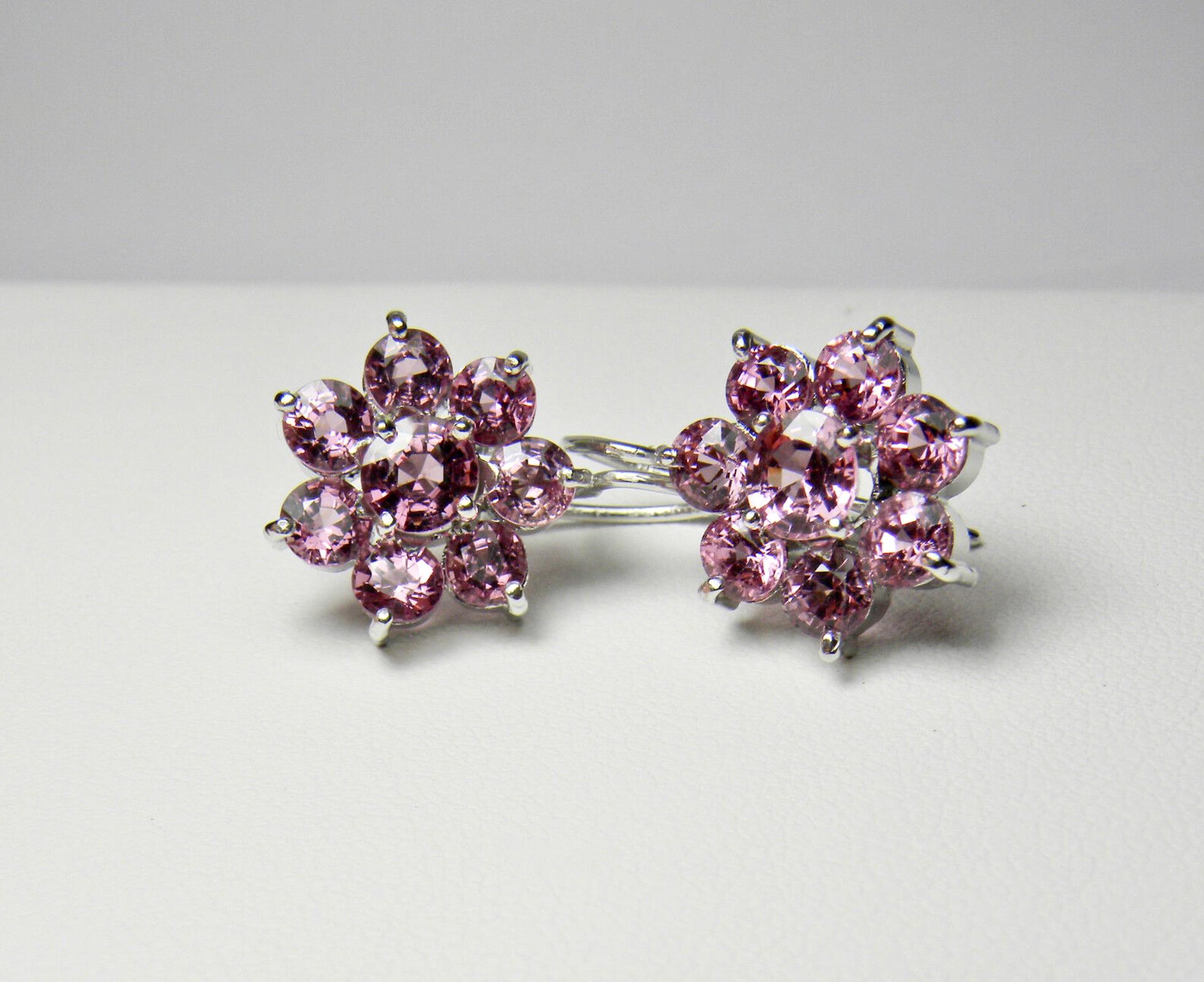 Estate Art Deco style Pink-Rose Spinel Daisy Dangle Earrings 18K 1