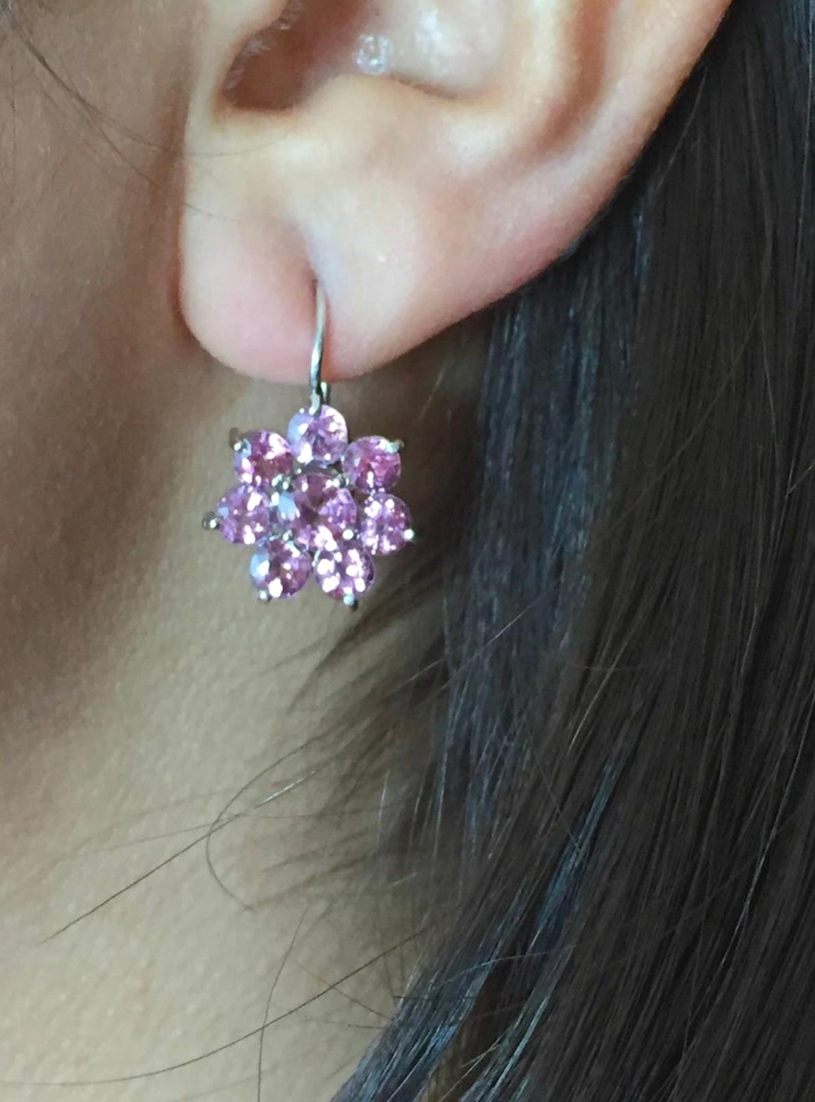 Estate Art Deco style Pink-Rose Spinel Daisy Dangle Earrings 18K 3