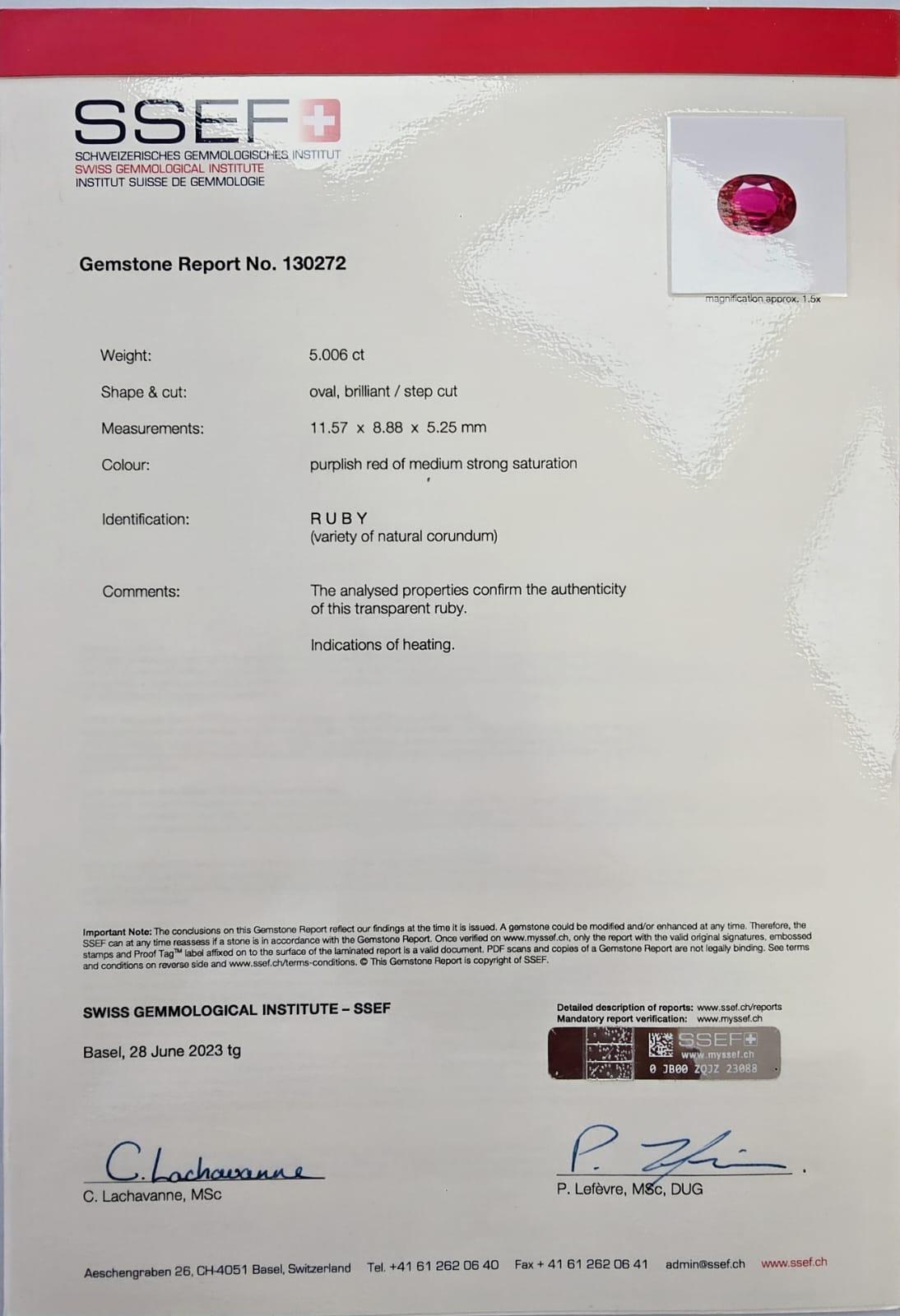 5,00ct Rubino rosso porpora di forma ovale dello Sri Lanka certificato da SSEF e GRS in vendita 1