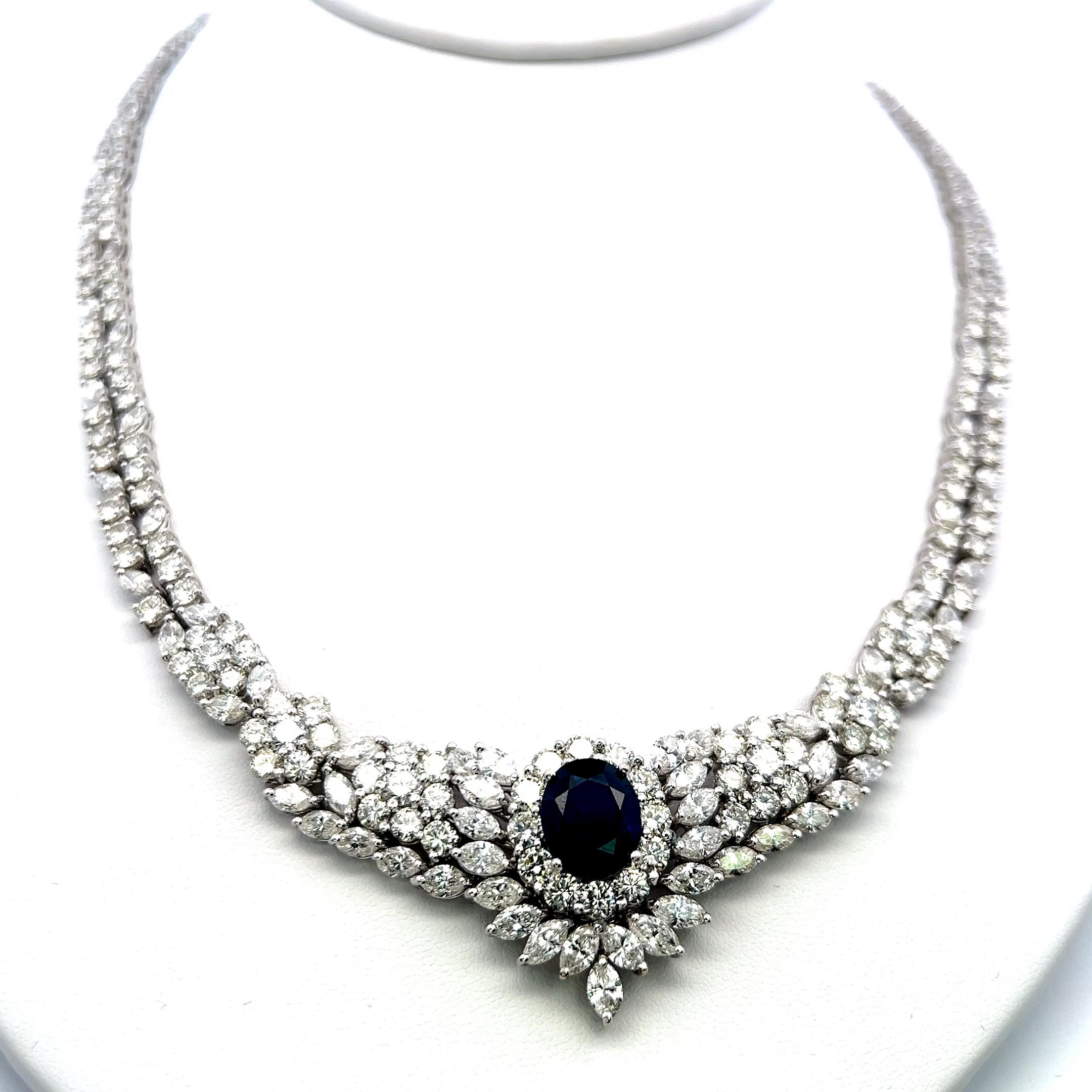 5.00ct Zafiro 34.00ct Diamante 18K Oro Blanco Collar Riviera en Bueno estado para la venta en New York, NY