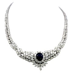 5.00ct Sapphire 34.00ct Mix Cut Diamond 18K White Gold Riviera Necklace