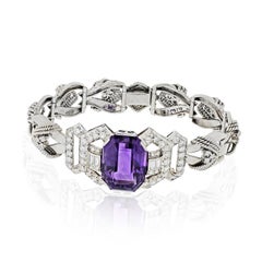 5.00 Carat Diamond and Large Purple Amethyst 1940s Platinum Bracelet