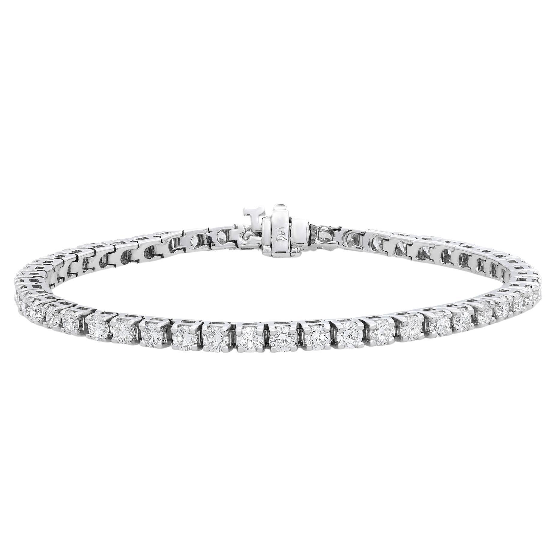 Bracelet tennis en or blanc 14 carats avec diamants taille ronde sertis  la broche de 5,00 carats