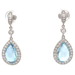 5.00tcw Faceted Pear Aquamarine Platinum Dangle Earrings with Diamonds
