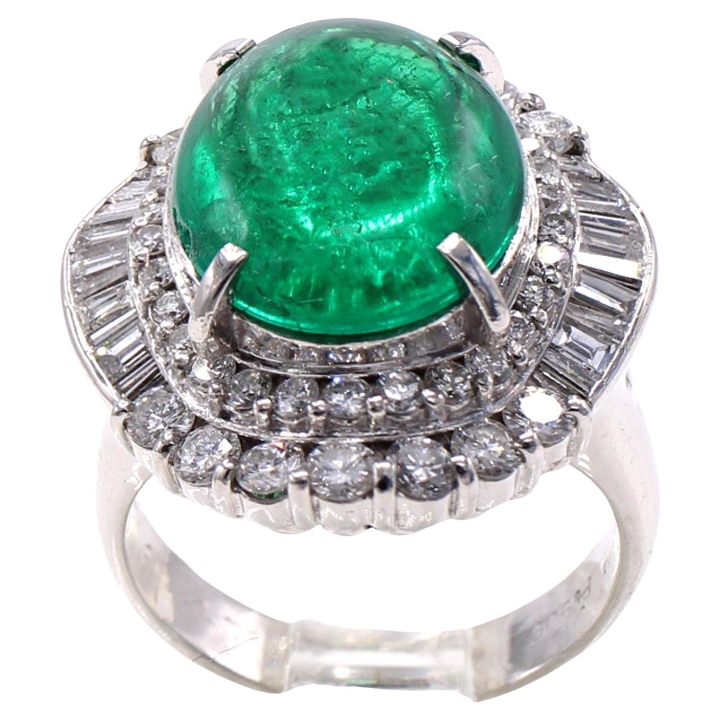 5.01 Carat Colombian Cabochon Emerald Diamond Platinum Cocktail Ring For Sale