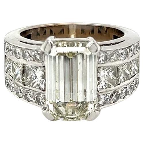 5.01 Carat Emerald Diamond GIA Princess and Round Diamond Gold Band Ring