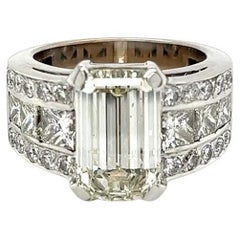 5.01 Carat Emerald Diamond GIA Princess and Round Diamond Gold Band Ring