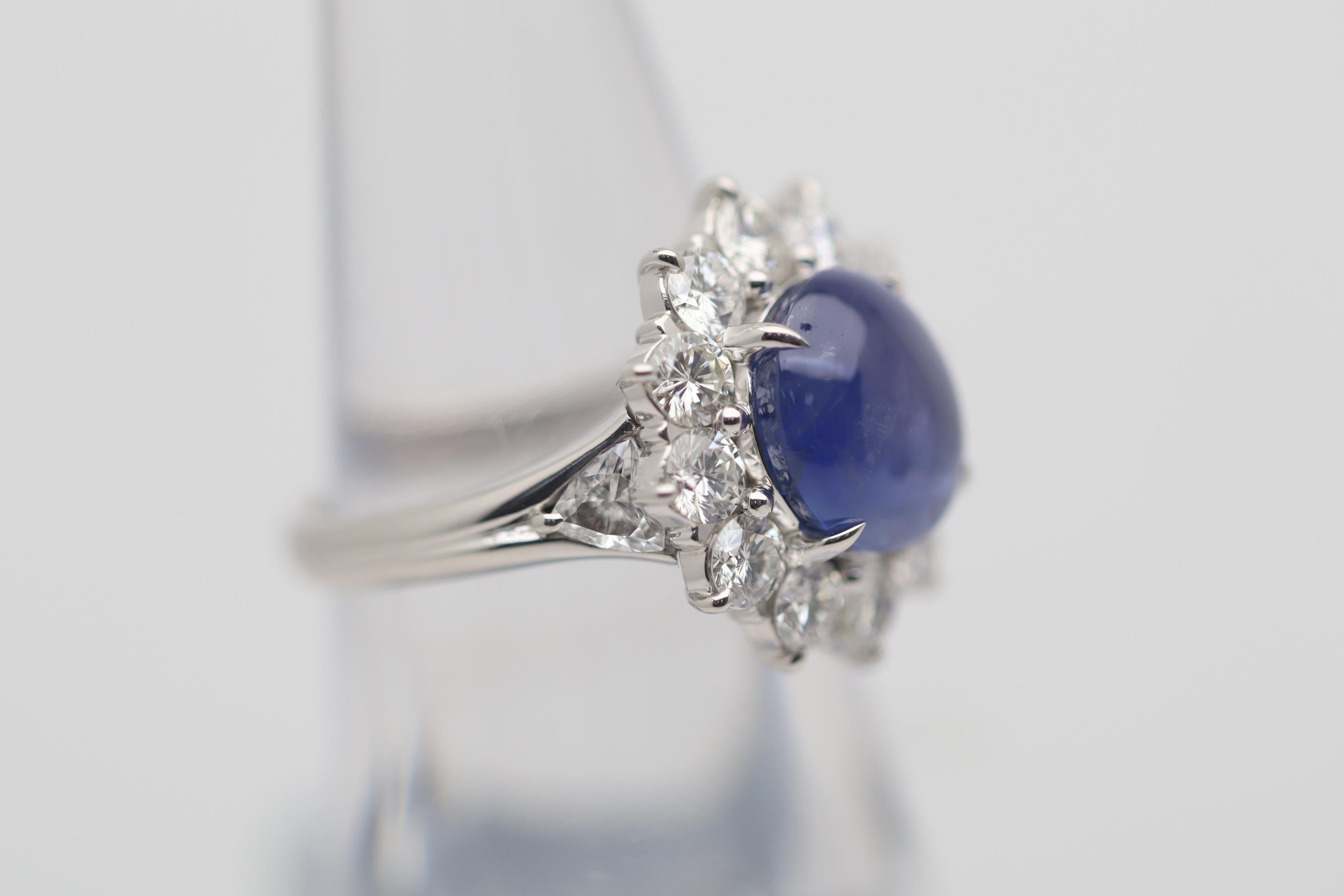 Cabochon 5.01 Carat Gem Star Sapphire Diamond Halo Platinum Ring For Sale