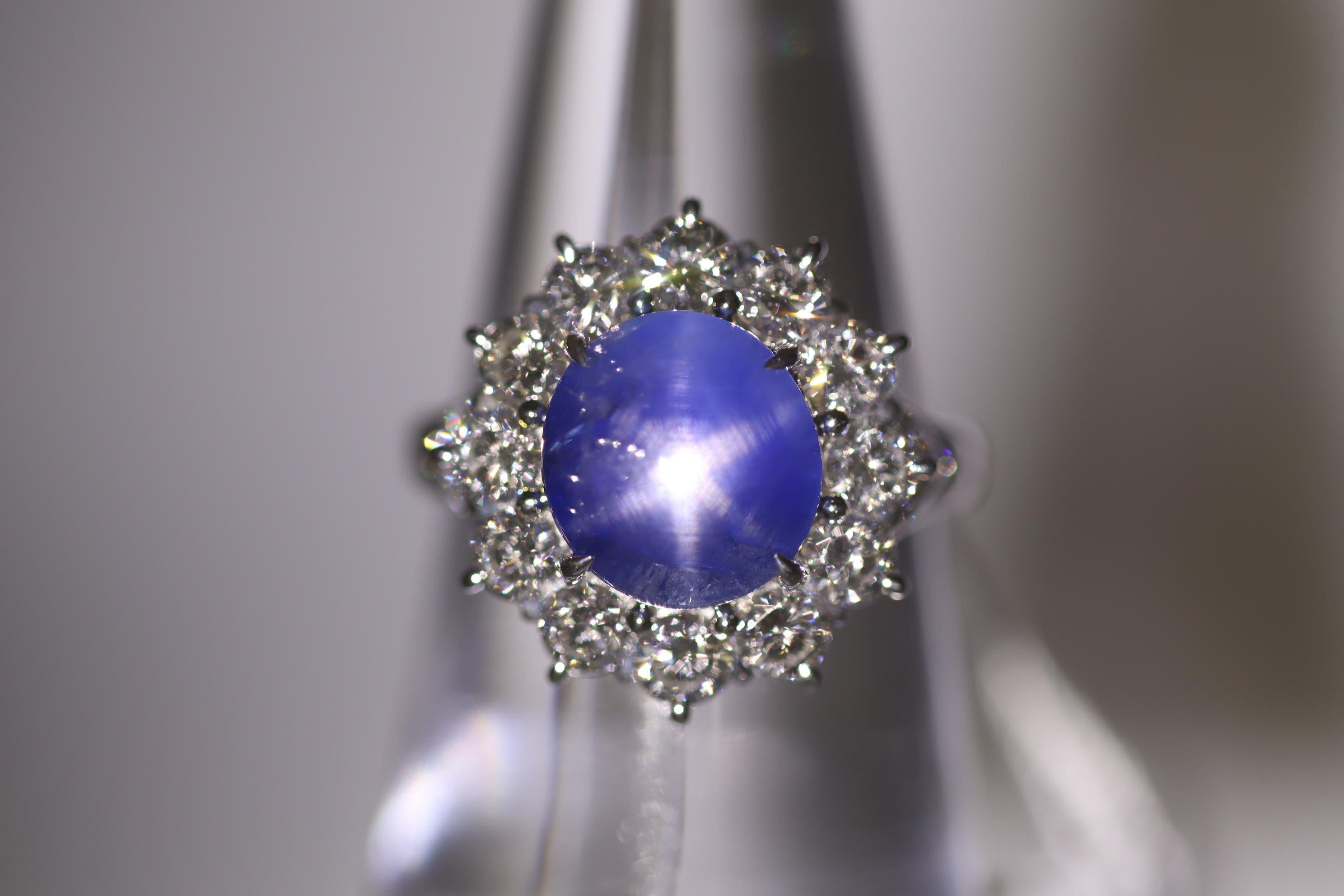 Women's 5.01 Carat Gem Star Sapphire Diamond Halo Platinum Ring For Sale
