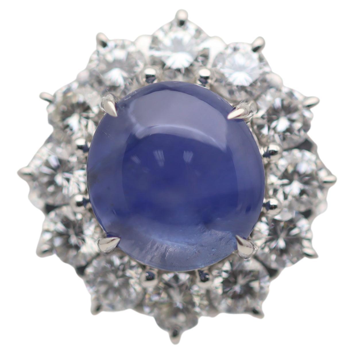 5.01 Carat Gem Star Sapphire Diamond Halo Platinum Ring For Sale