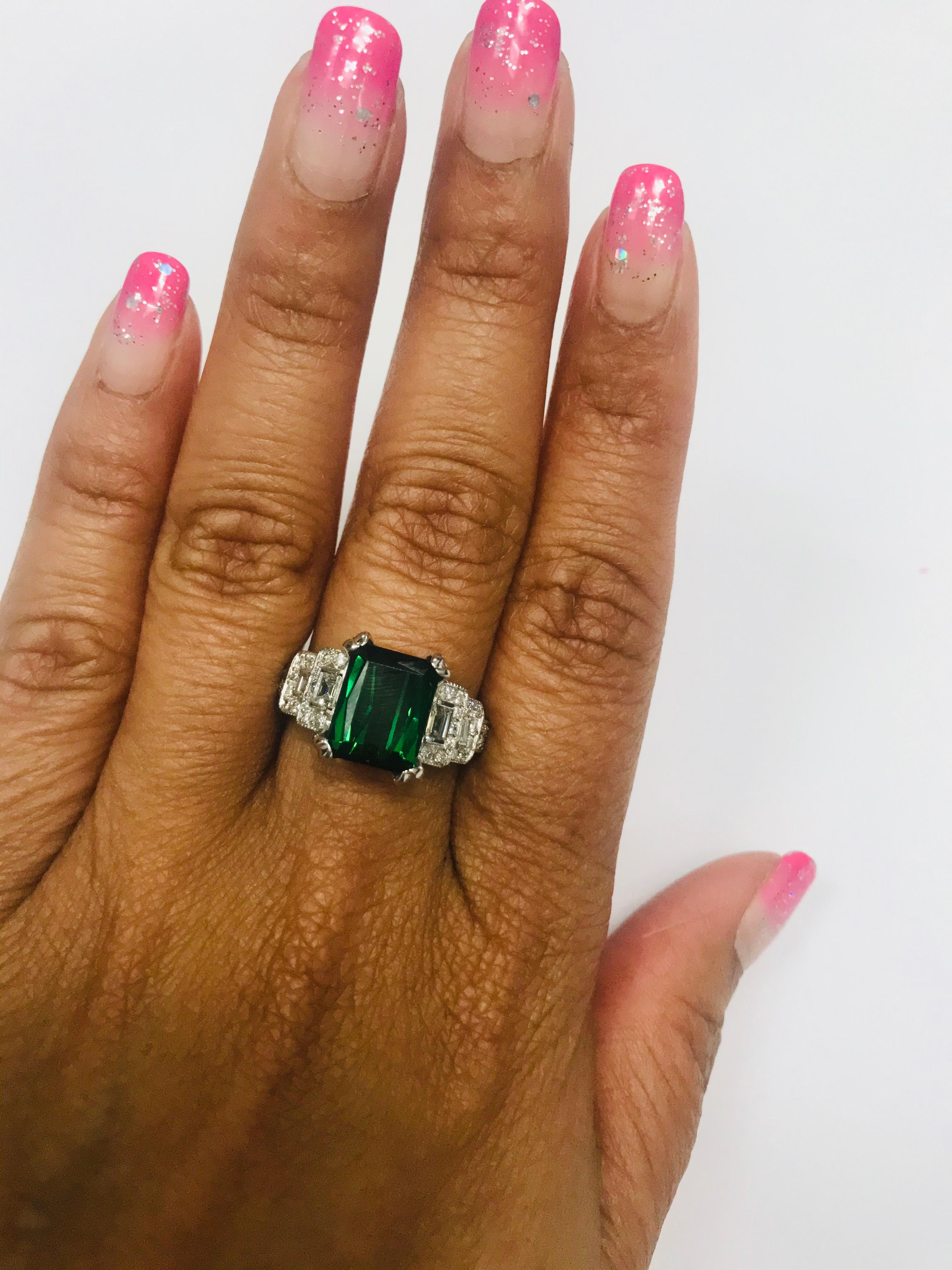 Emerald Cut 5.01 Carat Green Tourmaline and Diamond Ring 14 Karat White Gold For Sale