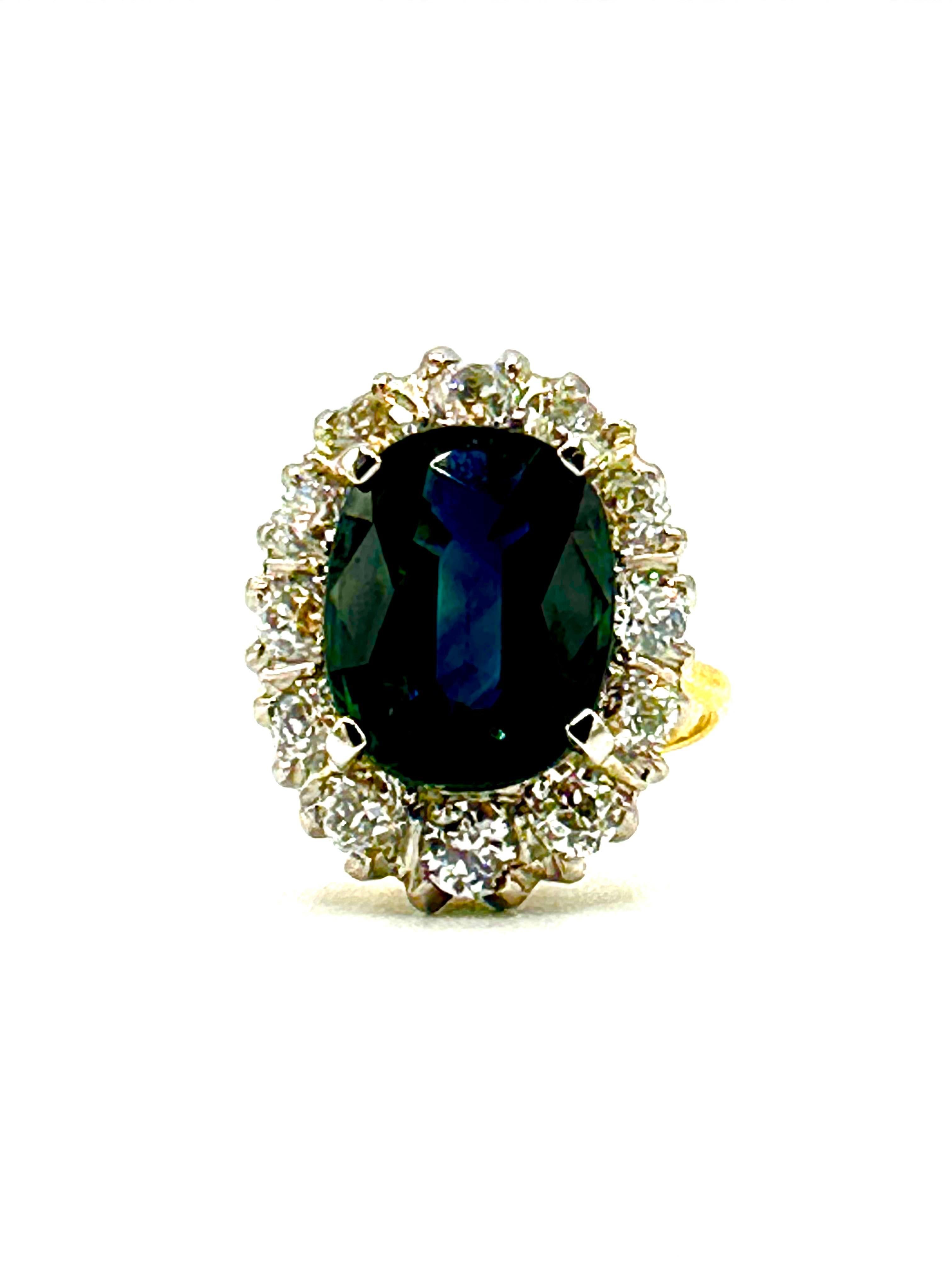 Art Deco 5.01 Carat Greenish Blue Oval Sapphire and Diamond Platinum and Gold Ring For Sale