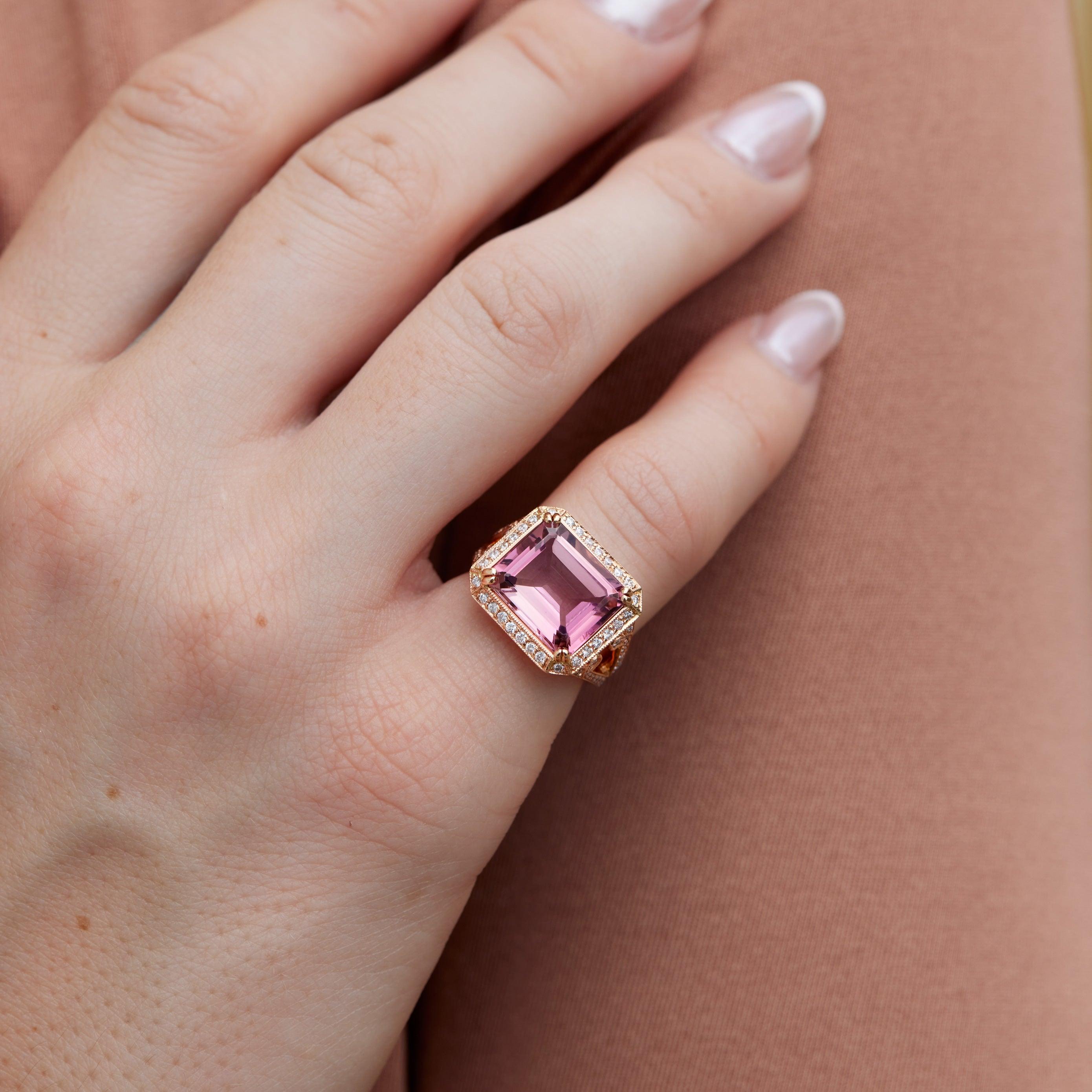 5.01 Carat Handmade Emerald Cut Pink Tourmaline Diamond Rose Gold Cocktail Ring In New Condition In Miami, FL