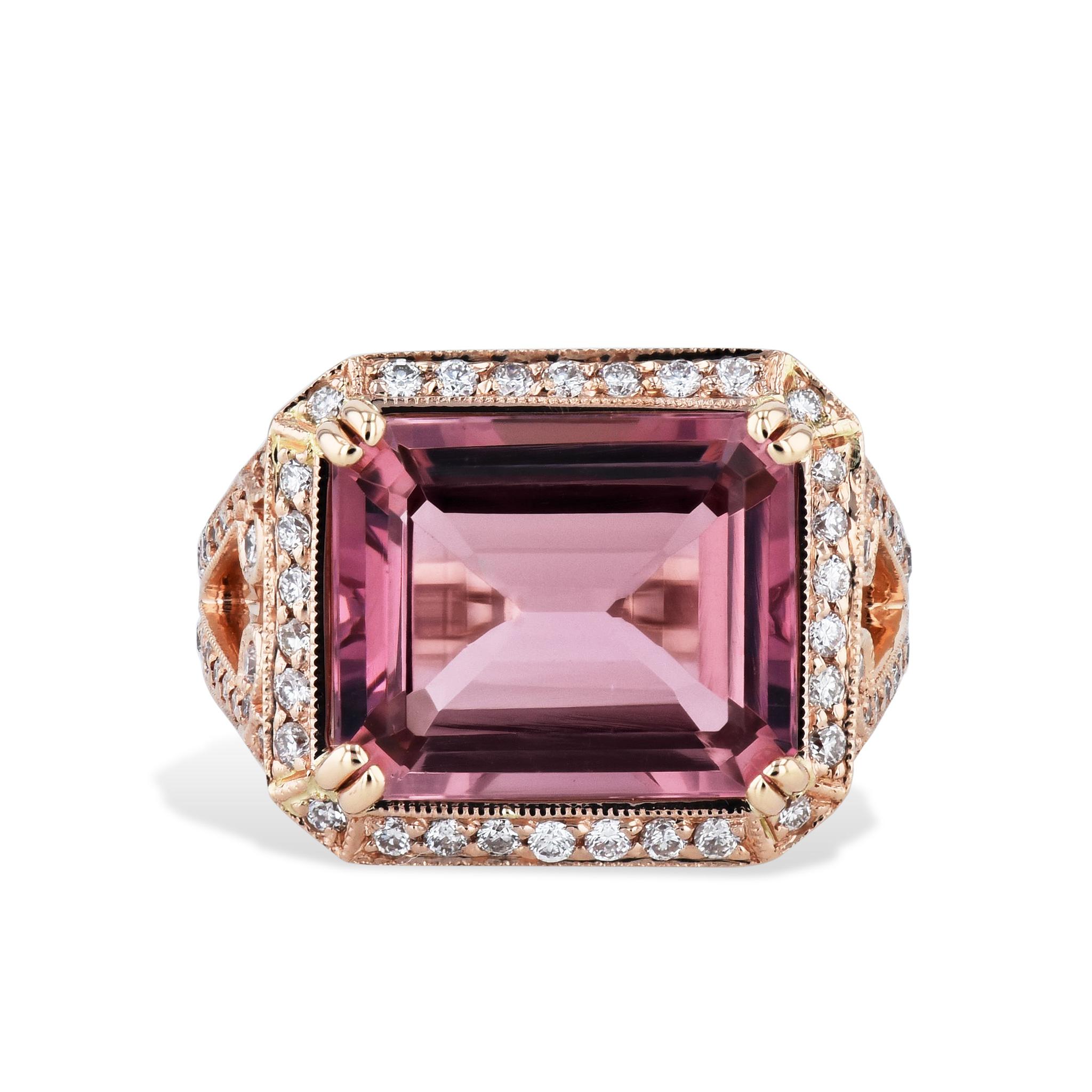 Women's 5.01 Carat Handmade Emerald Cut Pink Tourmaline Diamond Rose Gold Cocktail Ring For Sale