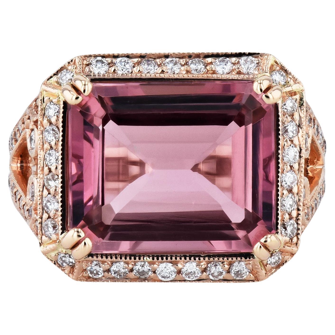 5.01 Carat Handmade Emerald Cut Pink Tourmaline Diamond Rose Gold Cocktail Ring For Sale